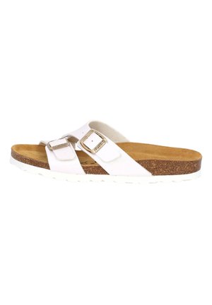 White slide sandal with two adjustable straps and metal buckles, cork footbed, and white rubber sole. Textured surface with slight sheen.