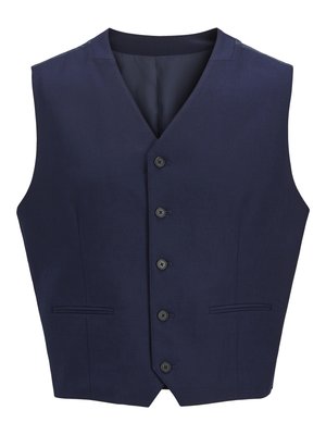 Marineblauwe vest, gemaakt van gestructureerde stof, voorzien van een puntkraag, zes knopen aan de voorkant en twee zijzakken. Glad binnenvoering.