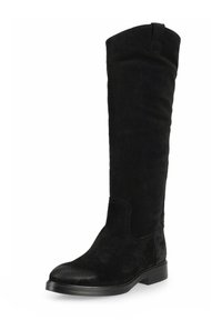 Bota de cuero nobuck negra hasta la rodilla, con puntera redonda, tacón plano y detalles en las costuras laterales. Textura suave y diseño sencillo sin herrajes visibles.