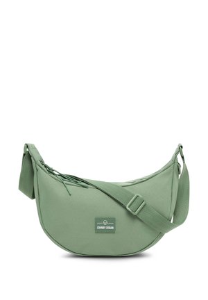 Zöld vászon válltáska ívelt formával, állítható pánttal, cipzáras záródással és "JOHNNY URBAN" logóval ellátott címkével.