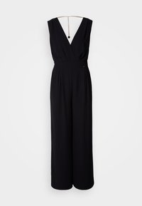 Svart jumpsuit med vide ben, dyp V-hals og korte ermer. Har detaljer på ryggen med kjede og rund pendel. Glatt stofftekstur.