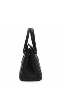 Schwarze Lederhandtasche mit strukturierter Oberfläche, kantiger Form, doppelten Griffen und einem Reißverschluss oben.