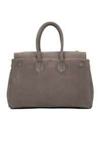 Szara zamszowa torebka z dwoma zaokrąglonymi górnymi uchwytami, o ukształtowanej formie i minimalistycznymi elementami metalowymi. Posiada przeszycia wzdłuż krawędzi.