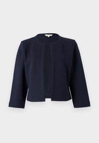 Marineblauwe cropped jacket van gestructureerde stof, met een ronde halslijn en open voorkant, en driekwart mouwen.