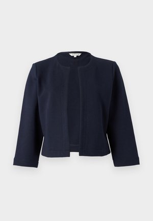 Marineblaues, kurzes Jackett aus strukturiertem Stoff, mit runden Ausschnitt und offener Front sowie drei Viertel langen Ärmeln.