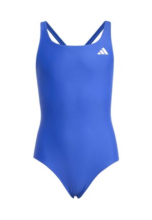 Blue one-piece swimsuit with double shoulder straps and a small white Adidas logo on the upper left chest.