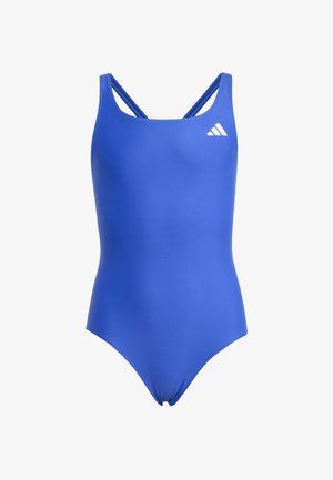 Niebieski jednoczęściowy strój kąpielowy z podwójnymi ramiączkami i małym białym logo Adidas na górnej lewej części piersi.