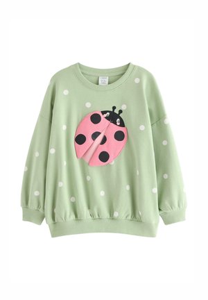 Felpa verde chiaro con pois bianchi e una grande applicazione a coccinella rosa con macchie nere e ali mobili sul davanti.