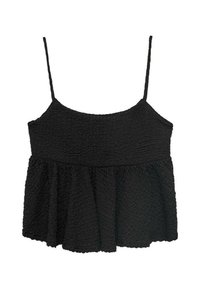 Top peplum negru cu bretele subțiri ajustabile. Țesătură texturată, creponată, cu un corset ajustat și o secțiune inferioară evazată, fără elemente metalice sau modele vizibile.
