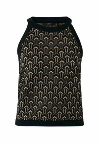 Černý tílko s geometrickým vzorem v zlaté, bílé a hnědé barvě. Má kulatý výstřih a kontrastní černé průramky.