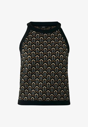 Top nero senza maniche con un motivo geometrico in tonalità dorate, bianche e marroni. Presenta un collo tondo e fori per le braccia neri in contrasto.