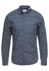 Camicia a maniche lunghe di colore blu scuro con un motivo floreale bianco. Presenta un colletto classico e una chiusura con bottoni. Realizzata in un tessuto leggero.