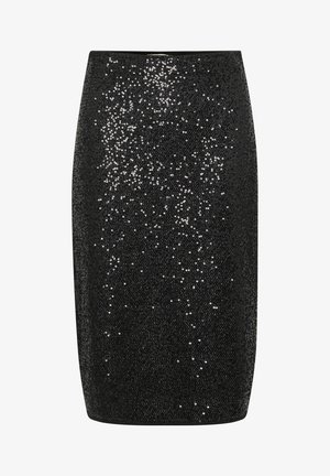 Čierna sukňa na ceruzku s priliehavým strihom, ktorá má textúrovaný povrch zdobený roztrúsenými striebornými flitrami pre pridanie lesku.