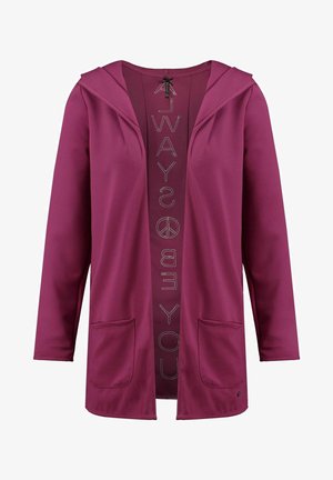 Veste violette à manches longues, ouverte à l'avant, avec deux poches avant, une capuche, et un symbole de paix vertical avec du texte à l'intérieur.