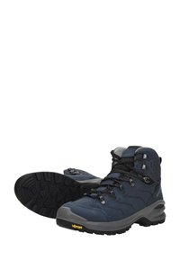 Hoge wandelschoenen van synthetisch materiaal in marineblauw met grijze accenten, zwarte veters en een gestructureerde zwarte rubberen zool met een Vibram-logo.