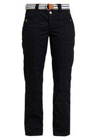 Zwarte broeken met een rechte pijpontwerp, voorzien van twee opgestikte zakken, stiksels en een gestreepte riem met een bruin leren accent.