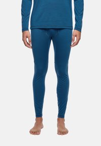 Leggings termici blu realizzati in materiale morbido, caratterizzati da un design aderente e una leggera lucentezza, con dettagli di cucitura minimi e senza motivo.