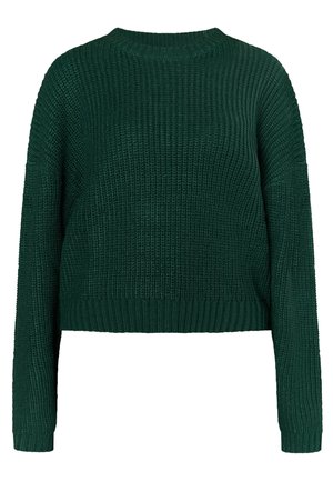 Grüner gestrickter Pullover mit einem strukturierten Muster, Rundhalsausschnitt, langen Ärmeln sowie gerippten Bündchen und Saum. Kurzes Design.