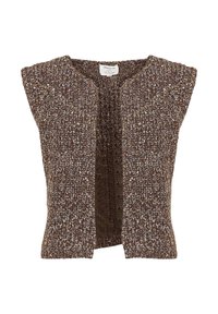 Bruin gebreid vest zonder sluitingen, met een gestructureerd oppervlak en korte mouwen. Open voorkant ontwerp, met verschillende tinten bruin en accenten van lichte kleuren.