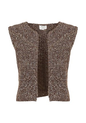 Gilet marrone lavorato a maglia senza chiusure, caratterizzato da una superficie testurizzata e maniche corte. Design a fronte aperto, con varie tonalità di marrone e accenti di colori chiari.