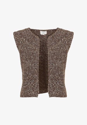 Brown knitted vest with no fastenings, featuring a textured surface and short sleeves. Open front design, with varied shades of brown and accents of light colors.