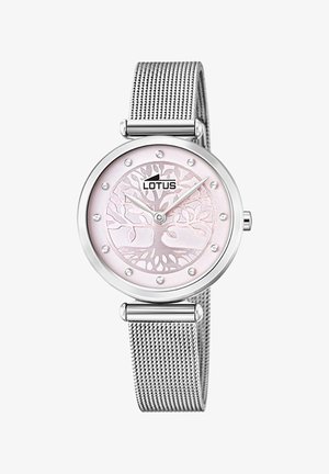 Lotus-Uhr mit silbernem Mesh-Armband, rundem Ziffernblatt, hellrosa Zifferblatt mit Baumdesign und Kristall-Stundenmarkierungen.