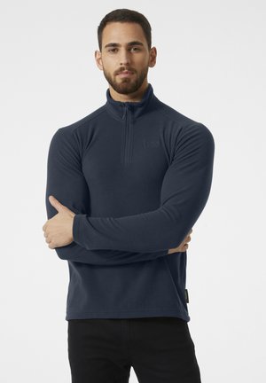 Navy fleece pullover with half-zip, long sleeves, and a logo detail on the chest. Soft texture and a fitted design.