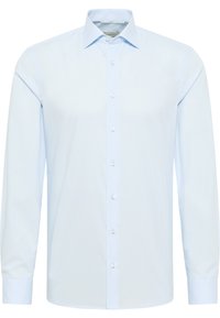 Lichtblauw overhemd met lange mouwen, gemaakt van een gladde stof. Voorzien van een puntige kraag, knopen aan de voorkant en knoopmanchetten. Schone, minimalistische stijl.