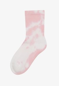 Bomullssokker i rosa og hvit tie-dye mønster. Ribbet tekstur, ankellengde med forsterket tå og glatt overflate. Myk og lett design.