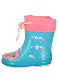 Botte de pluie en caoutchouc bleue avec un revers en tissu rose. Elle présente des pois blancs, des motifs floraux et un chat de dessin animé sur l'avant. Une sangle ajustable est incluse.