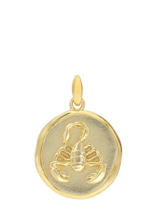 Gold round pendant featuring a detailed scorpion design with a textured background and a loop for attaching to a chain.