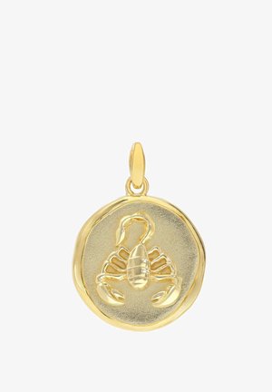 Goldrunder Anhänger mit detailliertem Skorpion-Design, strukturiertem Hintergrund und einer Öse zum Anbringen an einer Kette.
