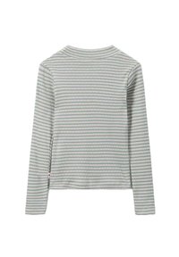 Langärmliges, geripptes Strickoberteil mit hellblauen und beigen horizontalen Streifen sowie einem kleinen Stoffetikett an der linken Seitennaht.