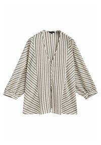 Bluzka w paski, lekka, w odcieniach beżu i szarości; z dekoltem w kształcie V, z przodu zapinana na guziki oraz szerokimi rękawami z marszczonymi mankietami.