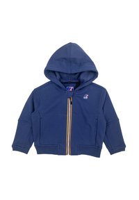 Felpa con cappuccio blu navy, con zip integrale, due tasche frontali e una striscia centrale a righe multicolori. Tessuto morbido e testurizzato.