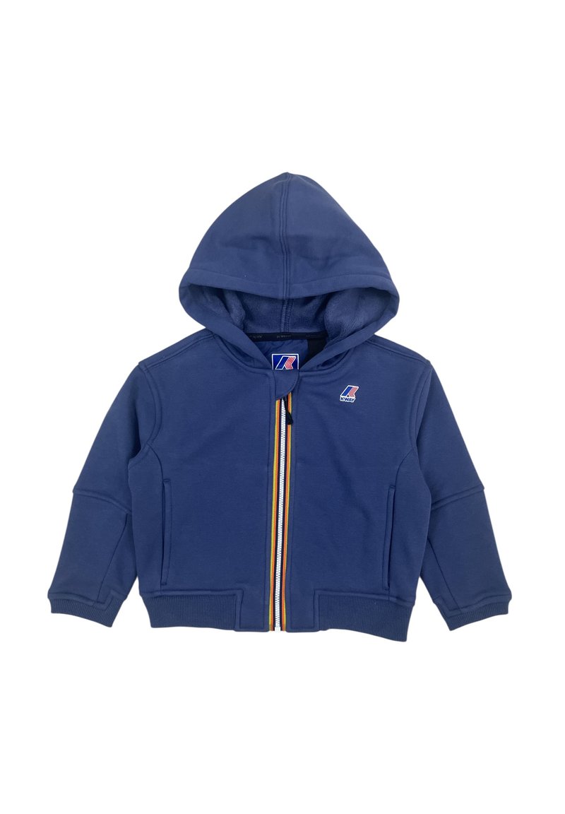 Felpa con cappuccio blu navy, con zip integrale, due tasche frontali e una striscia centrale a righe multicolori. Tessuto morbido e testurizzato.