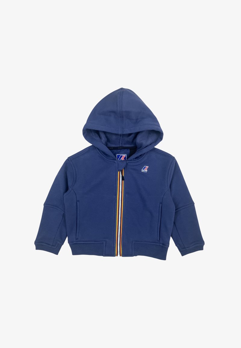 Felpa con cappuccio blu navy, con zip integrale, due tasche frontali e una striscia centrale a righe multicolori. Tessuto morbido e testurizzato.