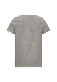 Grijze korte mouw t-shirt met een geometrisch patroon in donkergrijs en neon groene accenten. Gemaakt van zachte, lichte stof.