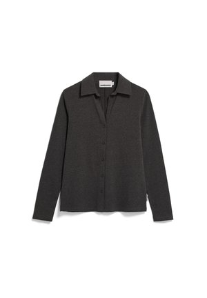 Chemise à manches longues gris foncé avec col et boutons, design simple, vue à plat sur fond blanc.