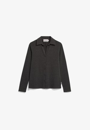 Dunkelgraues, langärmeliges Hemd mit Knöpfen und Kragen, schlichtes Design, flach auf weißem Hintergrund liegend.