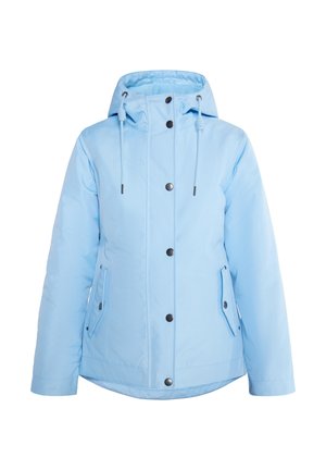 Hele sinine kapuutsiga jakk siledast kangast, mustade nööpidega ja kahe esiseotud taskuga. Varustus sisaldab reguleeritavaid nööre kapuutsi jaoks.