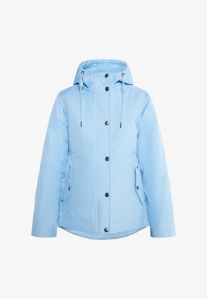 Hele sinine kapuutsiga jakk siledast kangast, mustade nööpidega ja kahe esiseotud taskuga. Varustus sisaldab reguleeritavaid nööre kapuutsi jaoks.