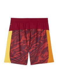 Czerwono-żółte szorty sportowe, z jaskrawym czerwono-pomarańczowym abstrakcyjnym wzorem, elastyczną talią oraz kontrastującymi bocznymi panelami w kolorze żółtym.