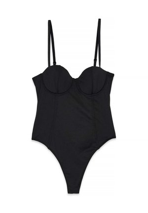 Black one-piece swimsuit made of smooth fabric, featuring a structured cup design, adjustable straps, and a high-cut leg.