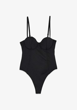 Schwarzer Einteiler-Badeanzug aus glattem Stoff, mit strukturiertem Cup-Design, verstellbaren Trägern und hohem Beinausschnitt.