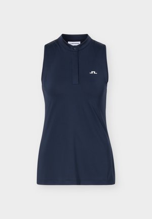 Polo sin mangas de color azul marino con una pequeña tapeta con botones y un pequeño logo blanco en el pecho izquierdo.