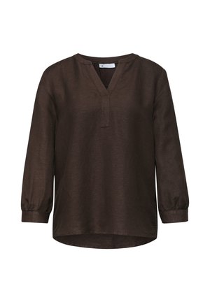 Long-sleeve dark brown blouse with V-neck slit and elastic cuffs, made of lightweight textured fabric, shown on white background.