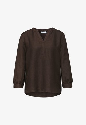 Langærmet mørkebrunt bluse med V-hals med slids og elastiske manchetter, lavet af let tekstureret stof, vist på hvid baggrund.