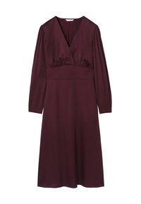 Rochie burgundy cu mâneci lungi, decolteu adânc în V, cu un burtieră prinsă și fustă fluida. Realizată dintr-un material neted cu detalii minime.
