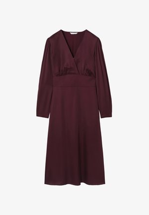 Robe bordeaux à manches longues, décolleté en V profond, corsage froncé et jupe fluide. Fabriquée à partir d'un tissu lisse avec des détails minimaux.